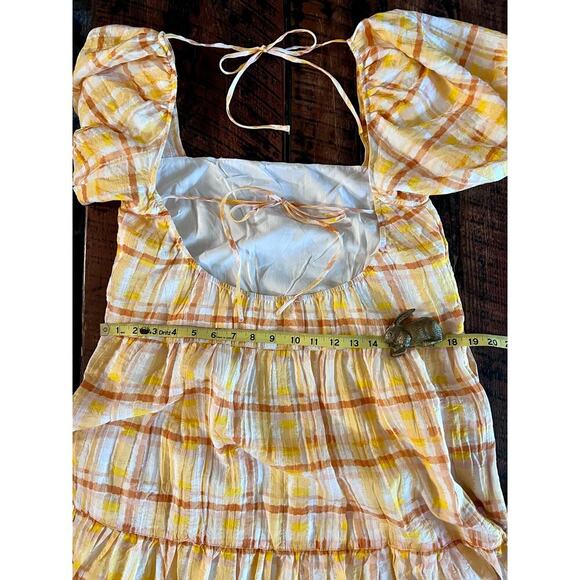 Astr The Label Anthropologie IIana Puff Sleeve Prarie Yellow Plaid Dress - Picture 16 of 17